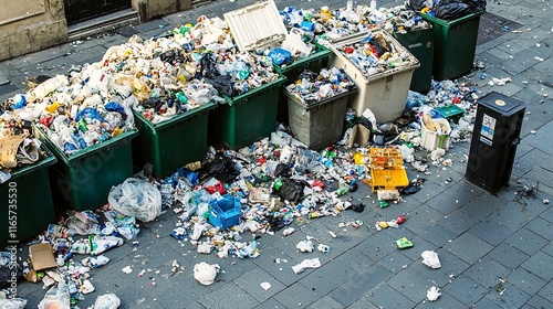 drone view of a city block with streets littered with overflowing trash bins and scattered garbage, reflecting the widespread issue of waste accumulation in urban spaces. 