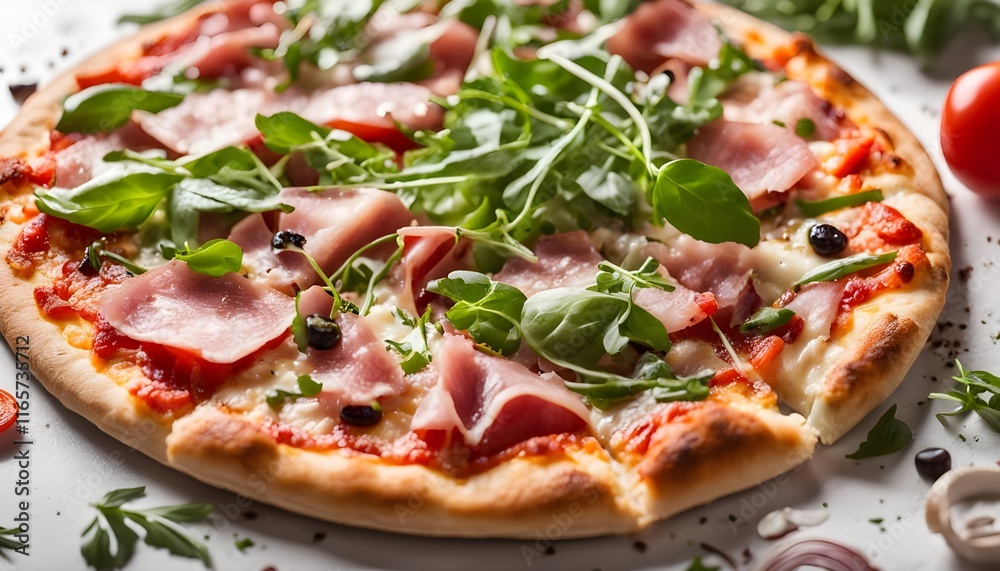 Pizza with ham, rucola, and vegetables on white background Pizza with ham, rucola, and vegetables on white background