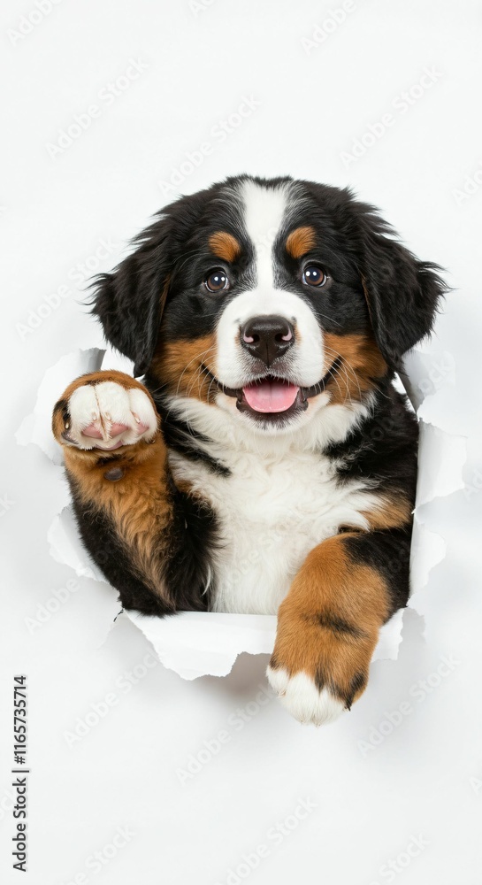 Adorable Bernese Mountain Dog Puppy Peeking Through Torn Paper - Fluffy and Playful Pet Design Adorable Bernese Mountain Dog Puppy Peeking Through Torn Paper - Fluffy and Playful Pet Design