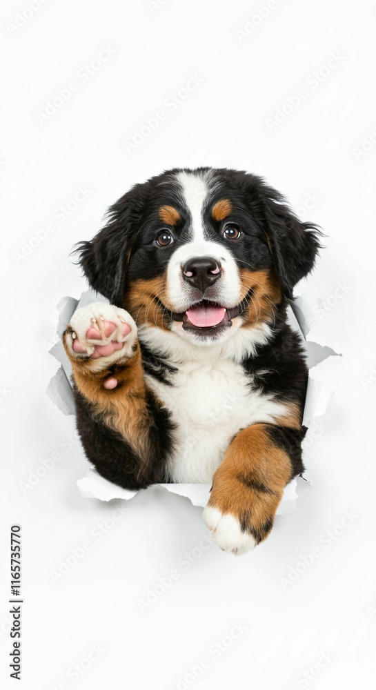 Adorable Bernese Mountain Dog Puppy Peeking Through Torn Paper - Fluffy and Playful Pet Design Adorable Bernese Mountain Dog Puppy Peeking Through Torn Paper - Fluffy and Playful Pet Design