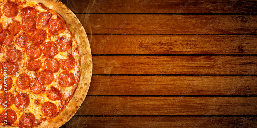 Foto Pizza pepperoni top view horizontal flyer