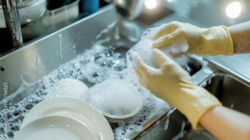 A person wearing rubber gloves washing dishes in a stainless steel sink, with soap bubbles rising and the clean dishes sparkling under bright kitchen lights.