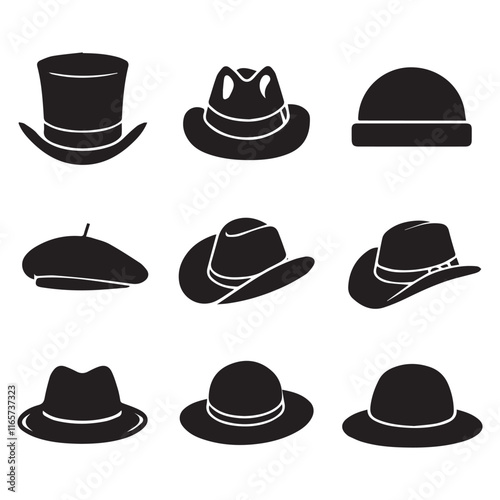 A black and white photo of hats with hats on them