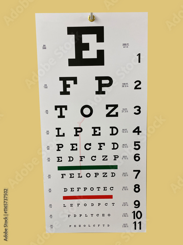 An eye examination chart hanging on a wall in a clinic