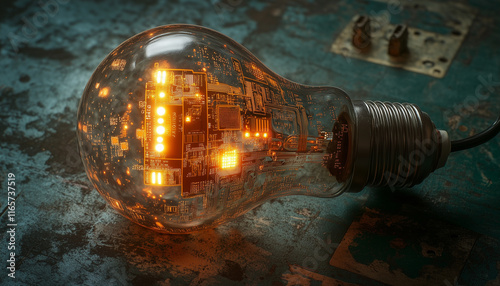 light bulb with glowing circuit board inside on an old electonics part photo