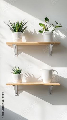 Simple and Stylish Home Decor with Plants and Wooden Shelves.  A bright and calming interior design with natural light and shadows. Perfect for a modern and cozy living space.