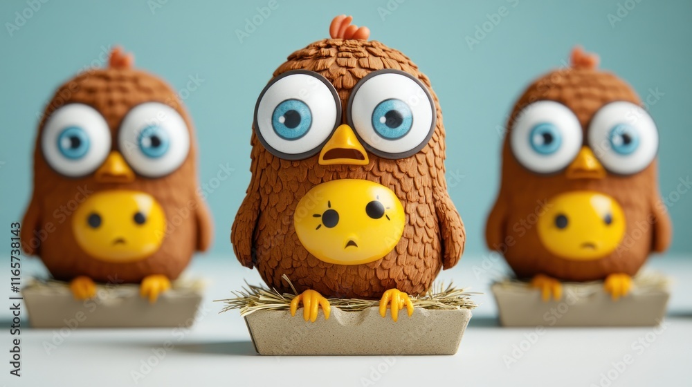 Fototapeta premium Three cartoon brown chickens with surprised and sad expressions sitting in small boxes of straw.