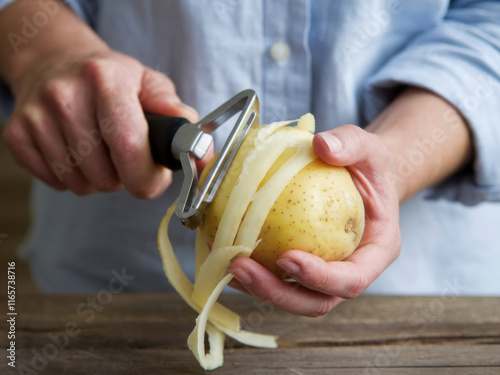 Cerca de las manos pelando una patata con un pelador de patatas
 photo