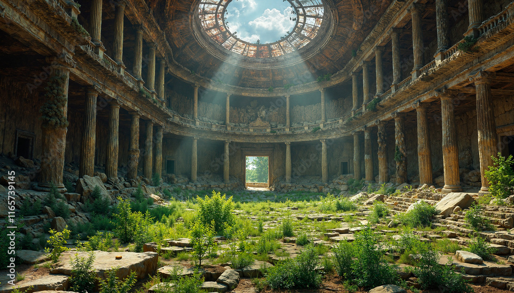 Obraz premium Abandoned ruins with light rays illuminating overgrown greenery