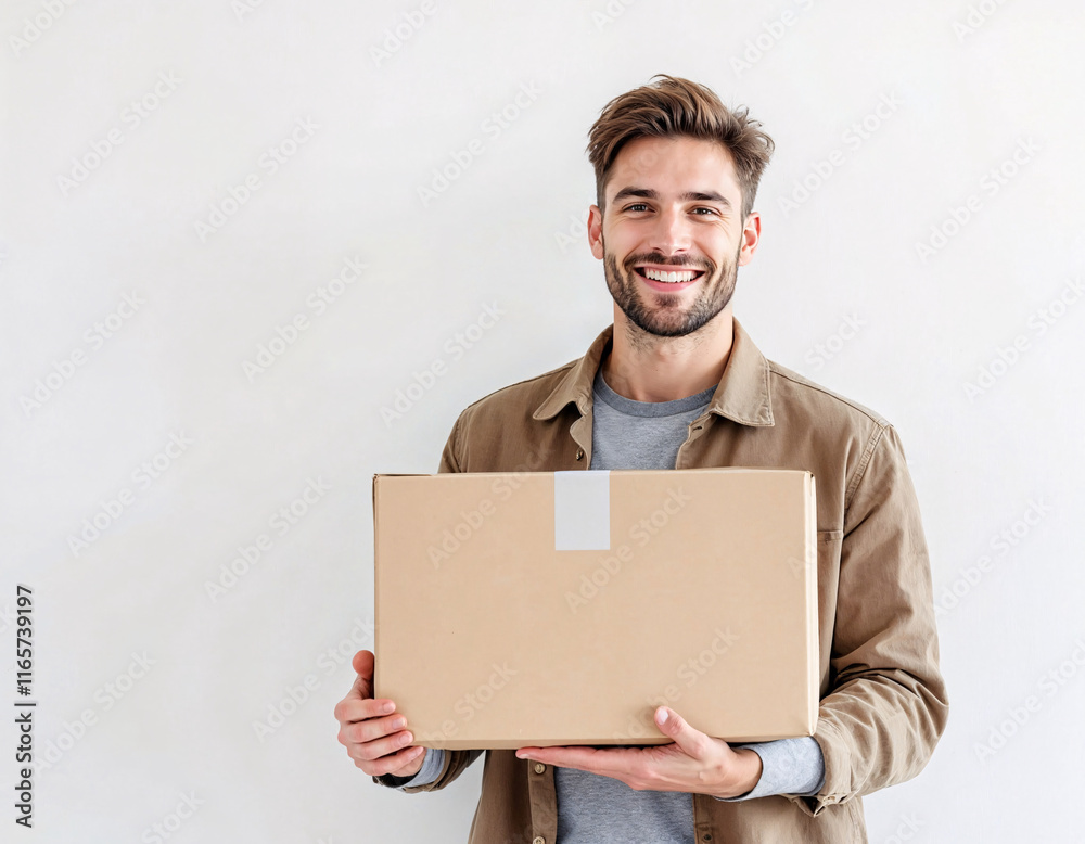 Man smiling while holding a cardboard box, showcasing delivery or gift, in a bright indoor space with a neutral background, wearing casual attire, looking approachable and happy Man smiling while holding a cardboard box, showcasing delivery or gift, in a bright indoor space with a neutral background, wearing casual attire, looking approachable and happy