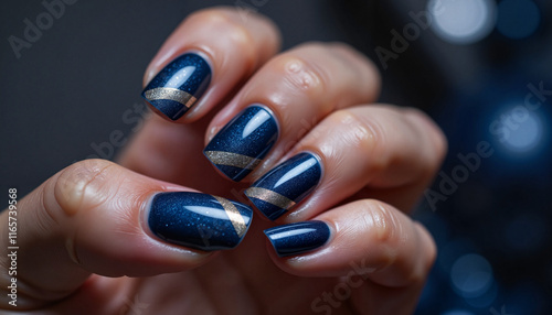 Nail art with blue and gold design on well-manicured hand