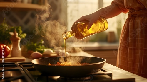 Woman pouring sunflower oil into frying pan for cooking - Generative AI.