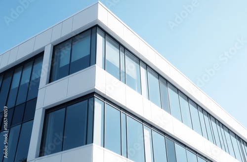 Modern white office building corner, glass windows, blue sky.