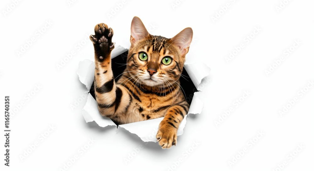 Fototapeta premium Bengal Cat Peeking Through Torn Paper - Playful and Exotic Feline Charm