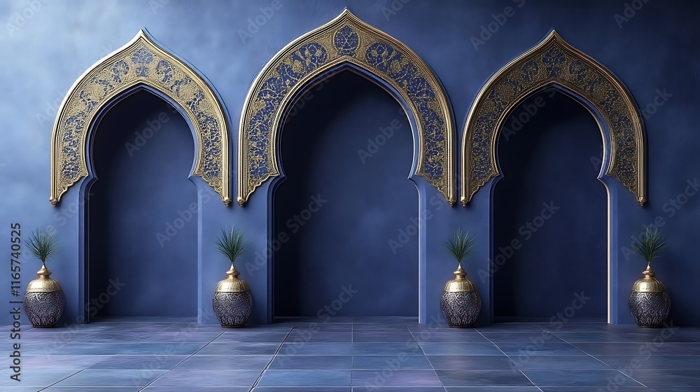 Obraz premium Elegant Blue Room with Three Ornate Golden Arches