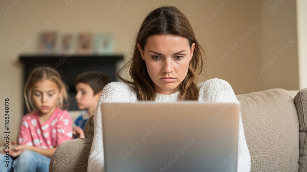 Juggling Work & Family: Woman Searching for Job on Laptop Amidst Playful Kids on Couch Post Layoff Illustration Juggling Work & Family: Woman Searching for Job on Laptop Amidst Playful Kids on Couch Post Layoff Illustration