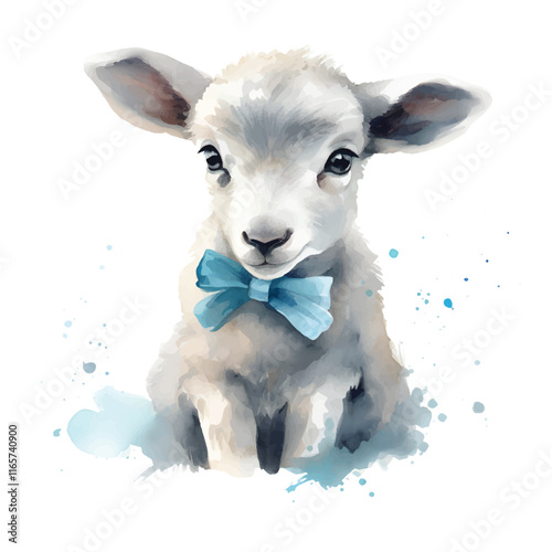 Cute watercolor lamb portrait with bow tie vector illustration