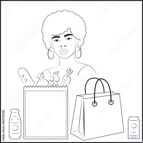 Line Art African American Woman with Curly Hair and Grocery Bags Containing Healthy Product