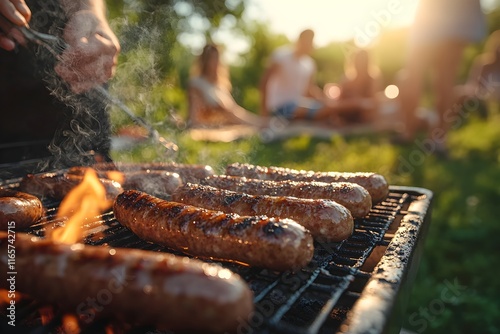 Delicious grilled sausages sizzling on a barbecue at a sunny picnic - Generative AI.