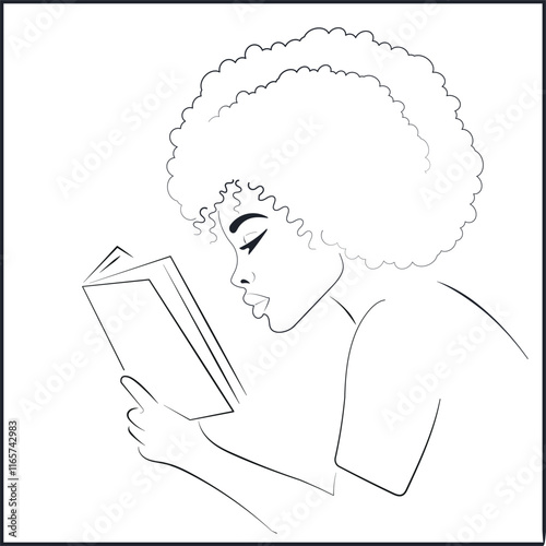 Line Art Profile Portrait of African American Woman Reading a Book