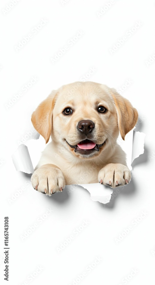 Playful Labrador Retriever Puppy Tearing Through Paper - Studio Isolated Image Playful Labrador Retriever Puppy Tearing Through Paper - Studio Isolated Image