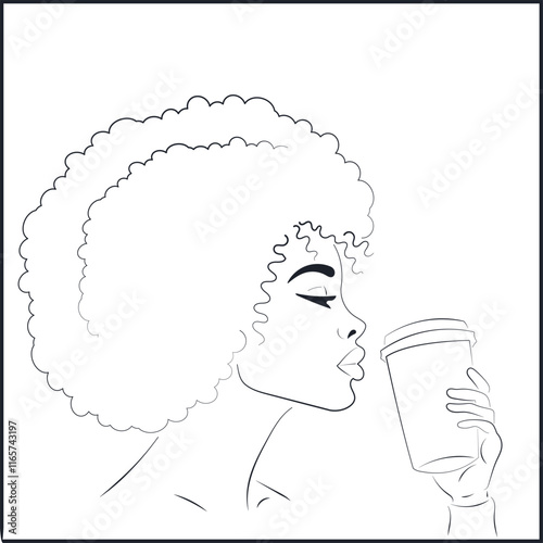 Line Art Portrait of African American Woman with Curly Hair Enjoying Coffee