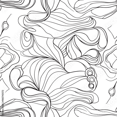 Seamless Pattern with Sea Waves. Adult Coloring book page. Hand-drawn swirls, ringlets , Van Gogh Sky. Doodle, vector, zentangle design element