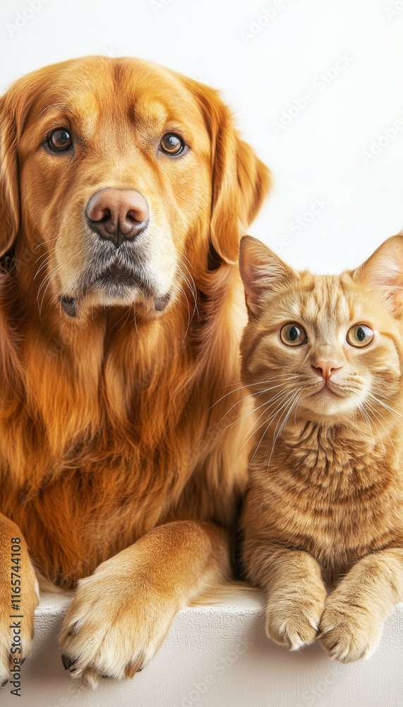 Fototapeta premium Golden Retriever Dog and Tabby Cat. Friendship between Cat and Dog, Isolated on White