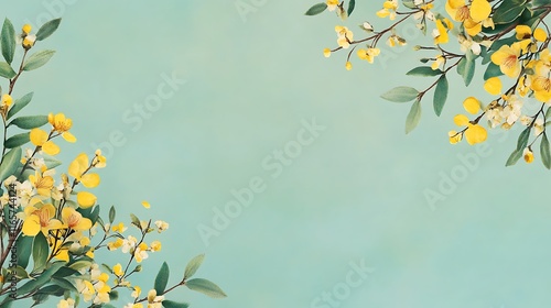 Fototapeta Naklejka Na Ścianę i Meble -  Yellow Flowers and Green Leaves Frame a Teal Background