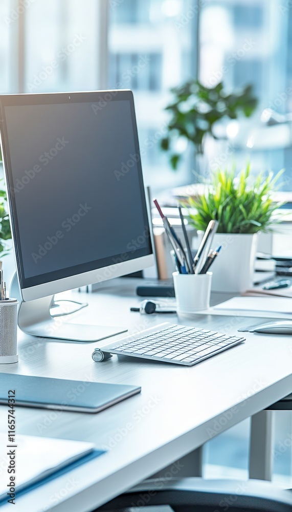custom made wallpaper toronto digitalBright and Airy Modern Office Workspace with a Minimalist Setup, Natural Light, and Green Plants.