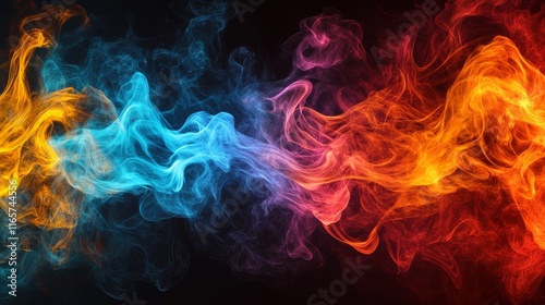 Flames of bright colors on a dark background, created with Generative AI technology