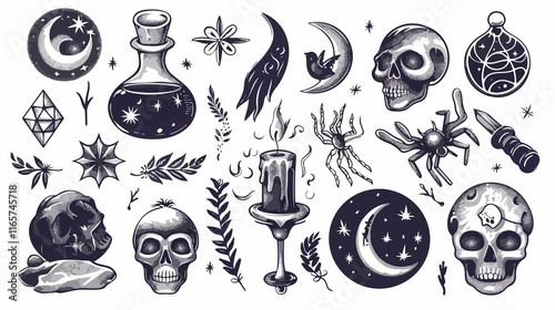 Hand Drawn Various Magic Objects Traditional Tattoo Design photo