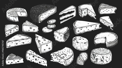 Hand Drawn Various Cheese Types Vector Set for Graphic Designs