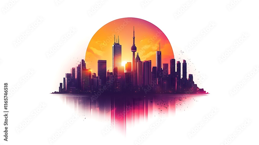 Obraz premium Sunset skyline view urban cityscape digital art vibrant atmosphere