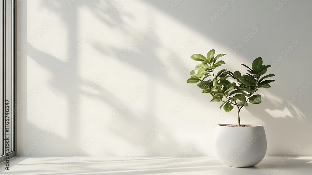 Minimalist Plant in White Pot by Window Sunlight Minimalist Plant in White Pot by Window Sunlight