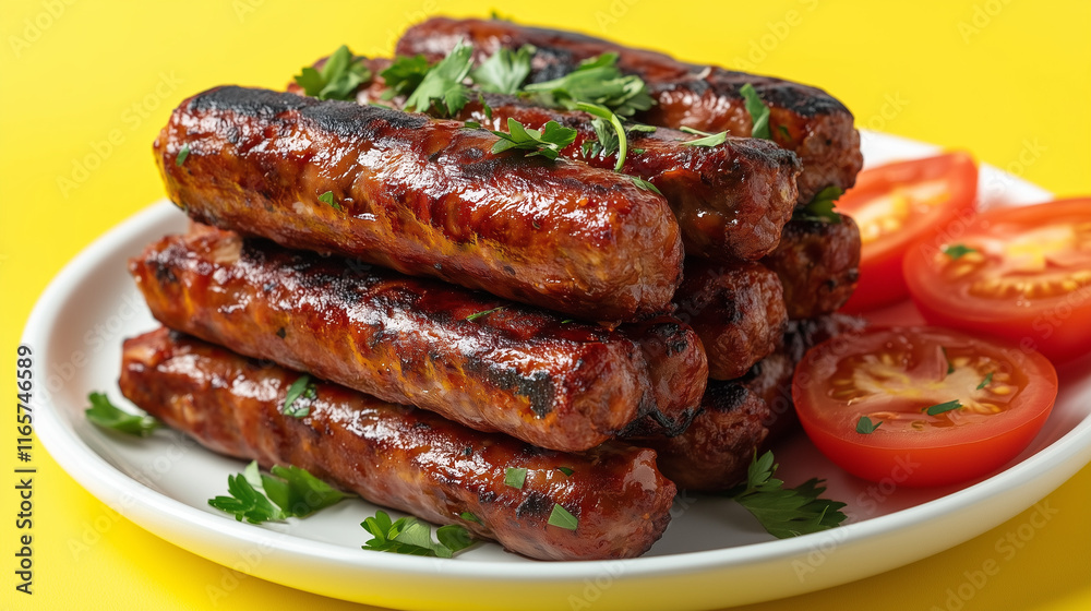 Grilled longganisa sausages with fresh tomatoes on white plate Grilled longganisa sausages with fresh tomatoes on white plate