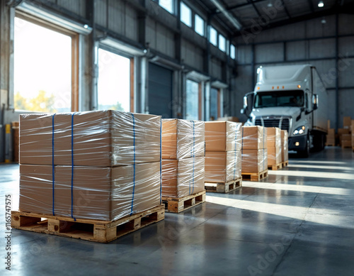 Warehouse filled with packaged goods ready for shipping and delivery during daylight hours, showcasing a freight truck preparing for transport