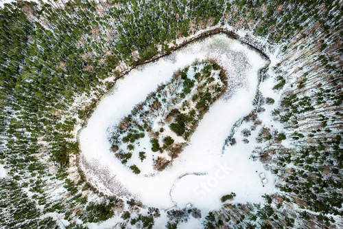 Forest in Estonia with frozen lake, covered with snow, aerial view. Winter se...