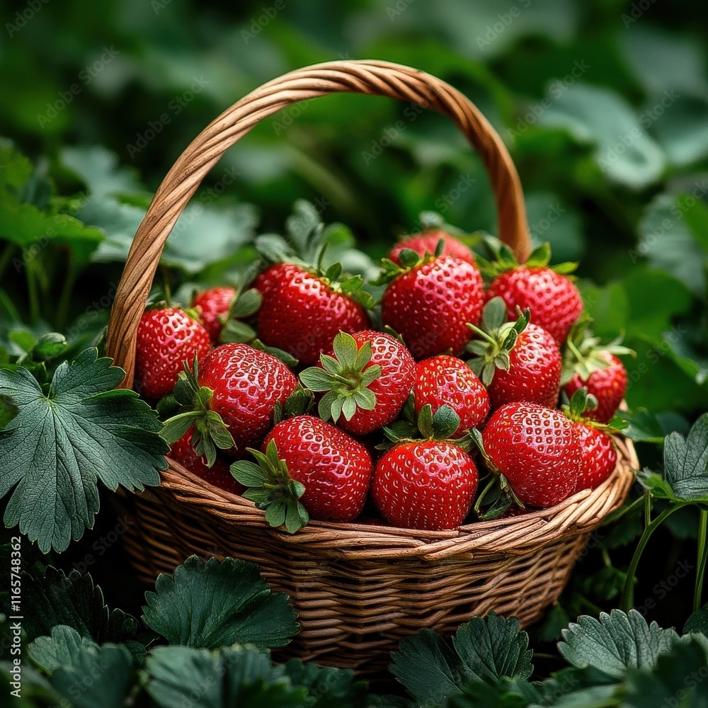 [Fresh red strawberries in a woven basket] Vibrant Fresh Strawberries Basket Over Green Leaves Backdrop Photography