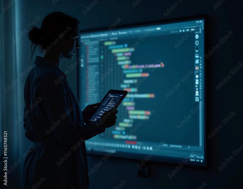 Silhouette of a programmer reviewing code on a digital screen in a dimly lit workspace late at night, focusing on intricate lines of programming language Silhouette of a programmer reviewing code on a digital screen in a dimly lit workspace late at night, focusing on intricate lines of programming language