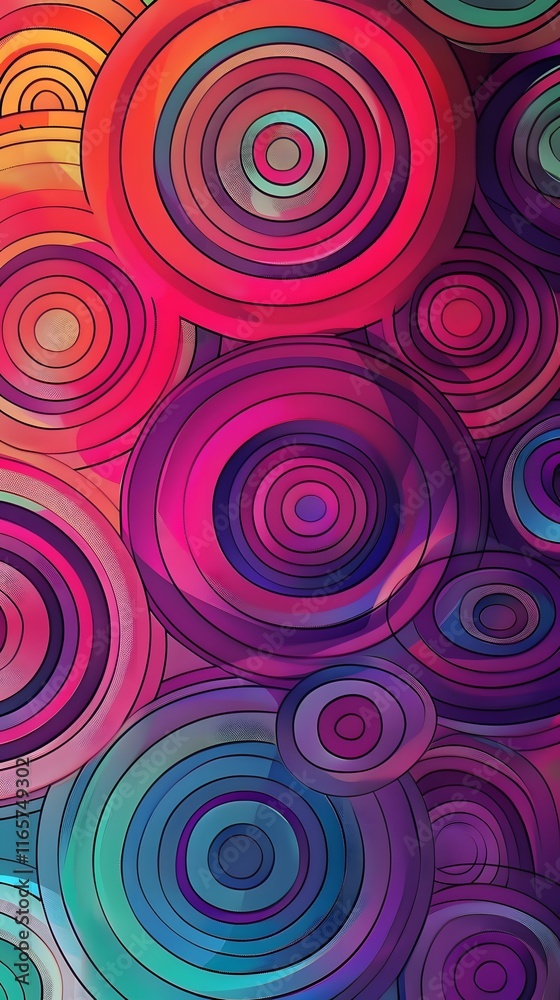 Abstract design featuring colorful concentric circles in vibrant hues. Abstract design featuring colorful concentric circles in vibrant hues.