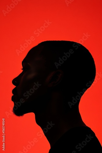 Minimalist portrait of an African man's silhouette against a vibrant orange background photo