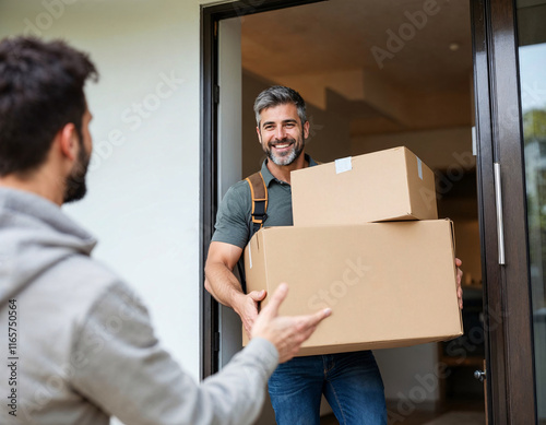 Smiling delivery person brings packages to a customer at a home entrance during daylight hours