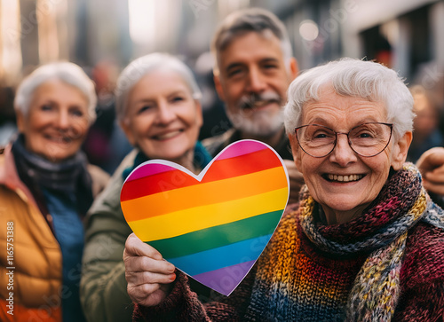 A group of happy elderly people holding a rainbow heart symbol, celebrating diversity and love in a lively outdoor setting photo