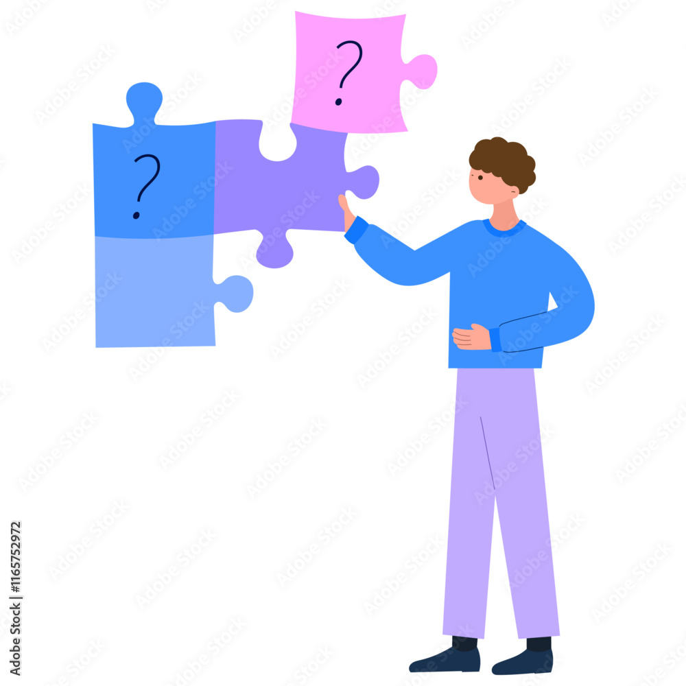 man solving problems and making decisions with puzzle pieces and question marks flat vector illustration man solving problems and making decisions with puzzle pieces and question marks flat vector illustration