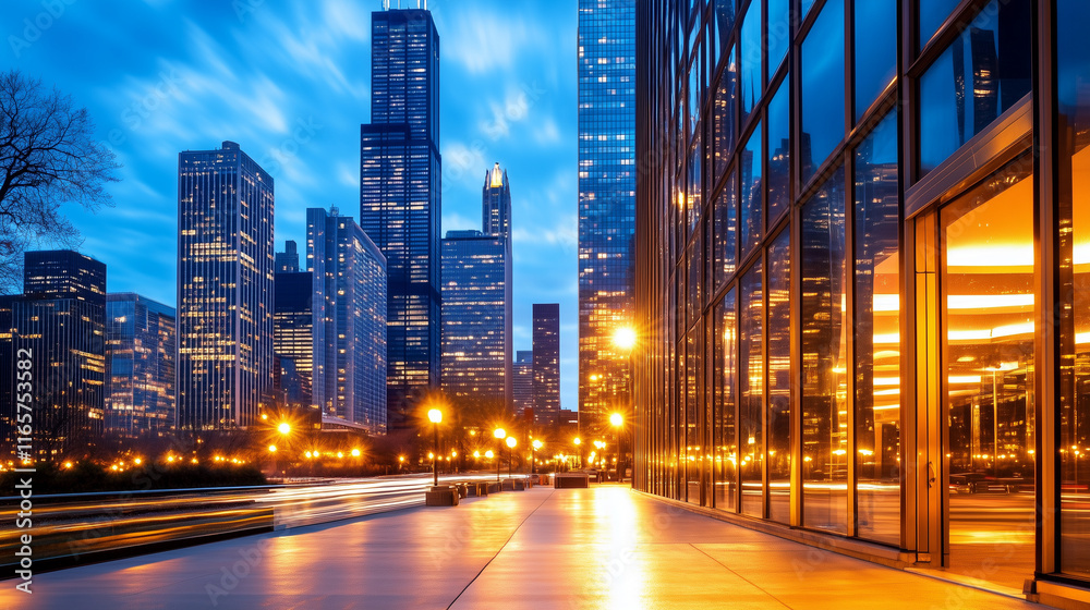 Fototapeta premium A dynamic cityscape showcasing a bustling urban street flanked by towering modern skyscrapers under a moody, overcast sky. The illuminated streetlights and busy sidewalks highlight