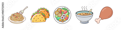 Cartoon Illustration of Global Meal Options - Hand-drawn illustrations of spaghetti, tacos, salad, soup, and a chicken drumstick arranged in a colorful and playful style.