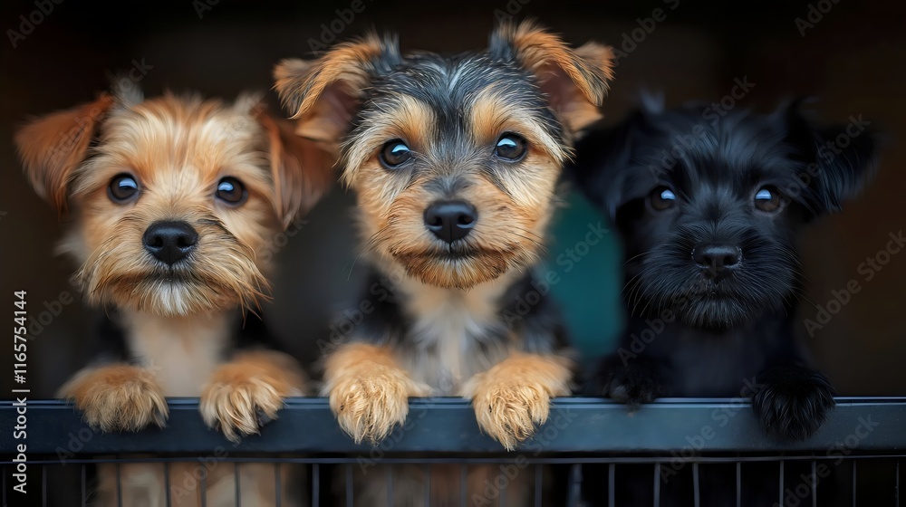 Three small dogs are standing on a railing, looking at the camera