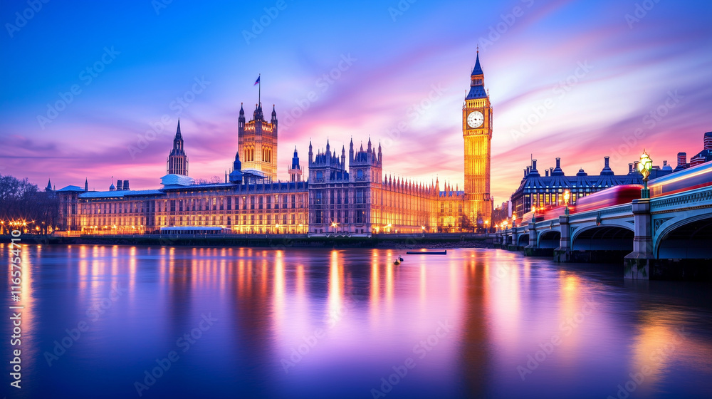 Naklejka premium A nostalgic view of London's Westminster Bridge during sunset, featuring the iconic Big Ben and classic red double-decker buses, with a warm golden glow illuminating the scene.