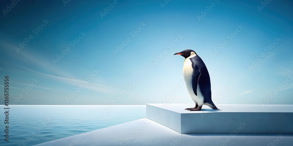 Obraz premium A solitary penguin stands on a minimalist platform overlooking a tranquil ocean under a serene sky